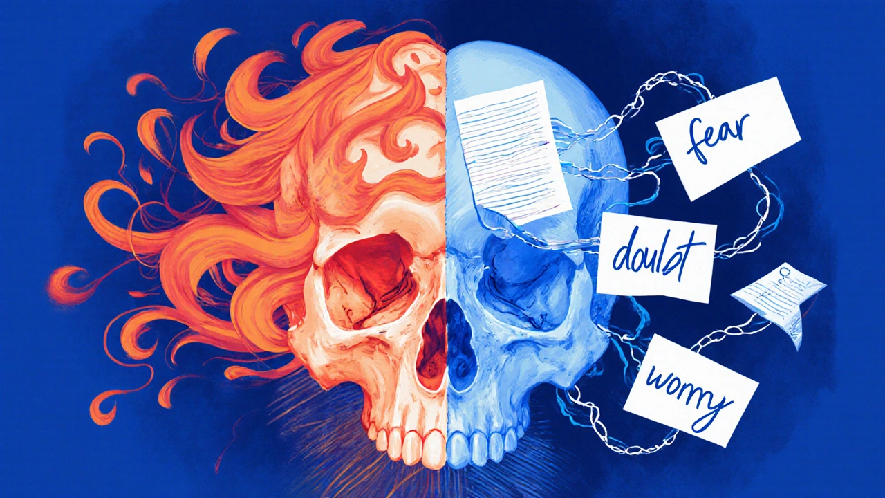 A brain illustration showing chaotic thoughts transforming into calm, organized journal entries.