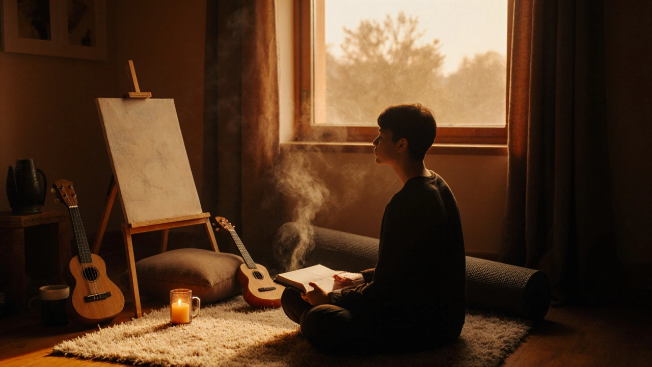 Cozy home corner with easel, instrument, journal and a person practicing mindful creative therapy.