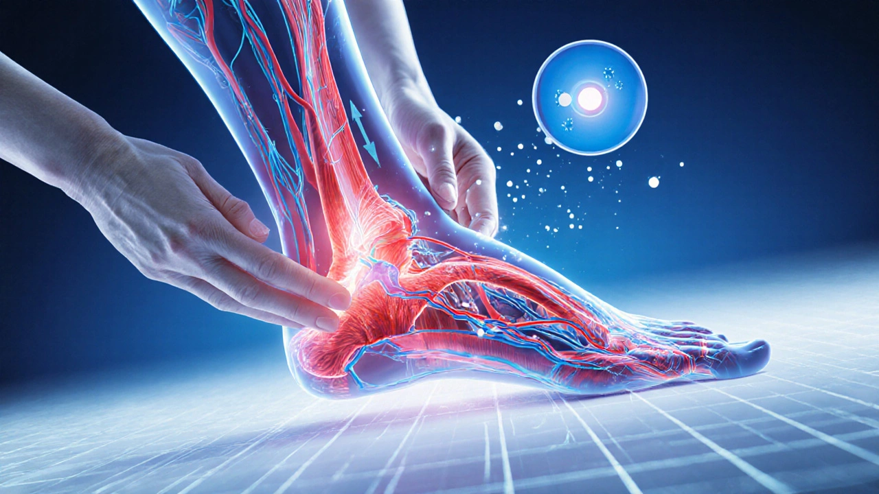 Cross‑section illustration of increased blood flow and fascia release during massage.