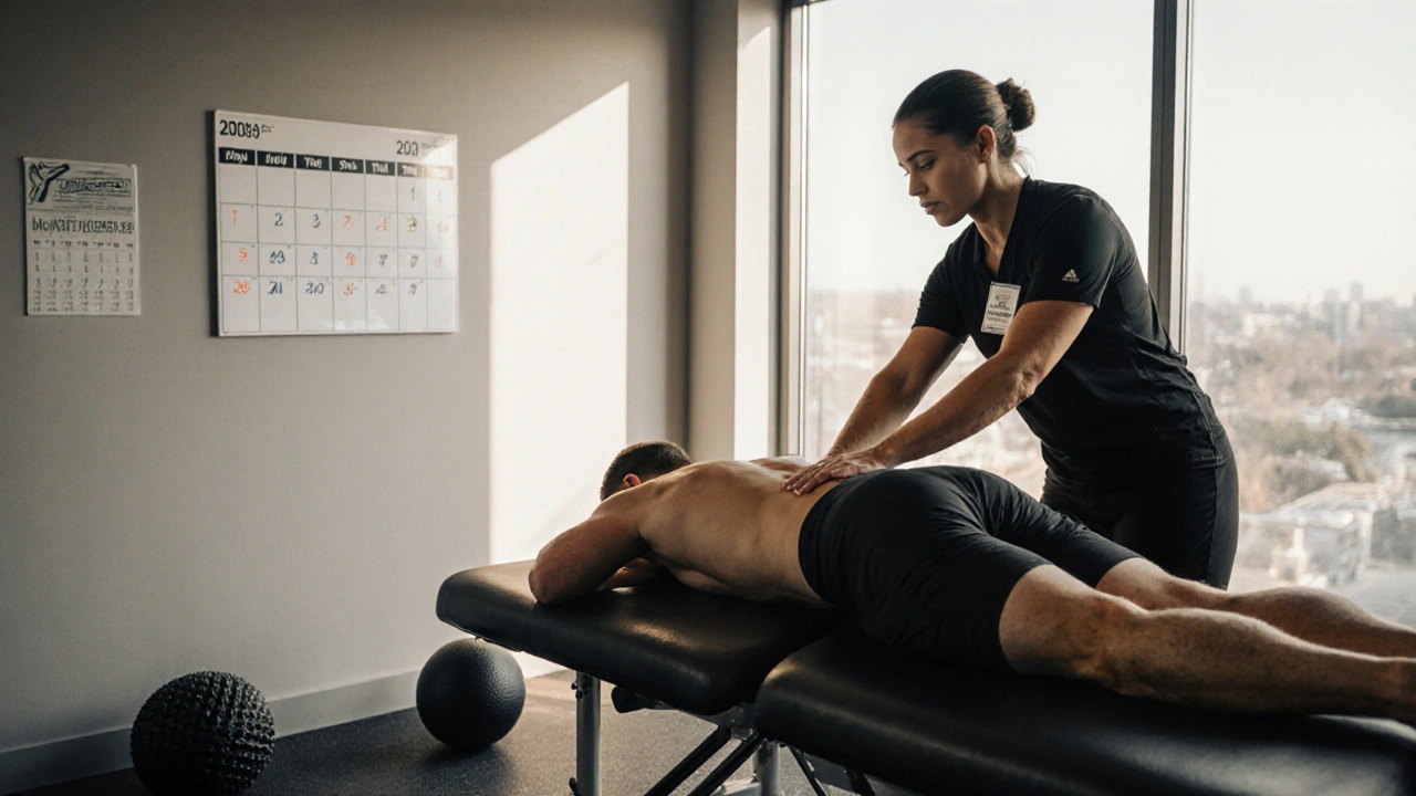 Cyclist receiving sports massage in a gym with calendar, foam roller, and natural light.