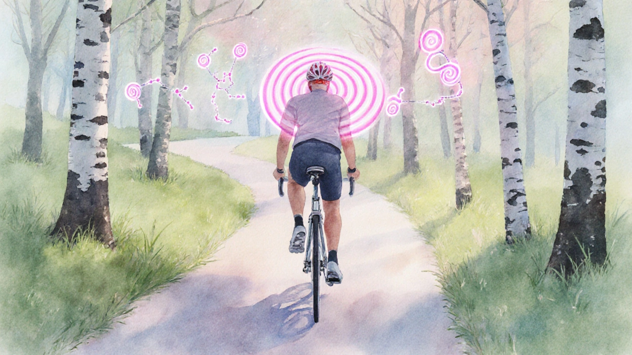 Cyclist riding a forest trail surrounded by pastel light and glowing serotonin symbols.