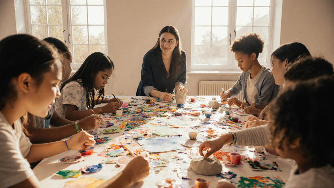 Diverse group collaborating on art in a bright community therapy room.