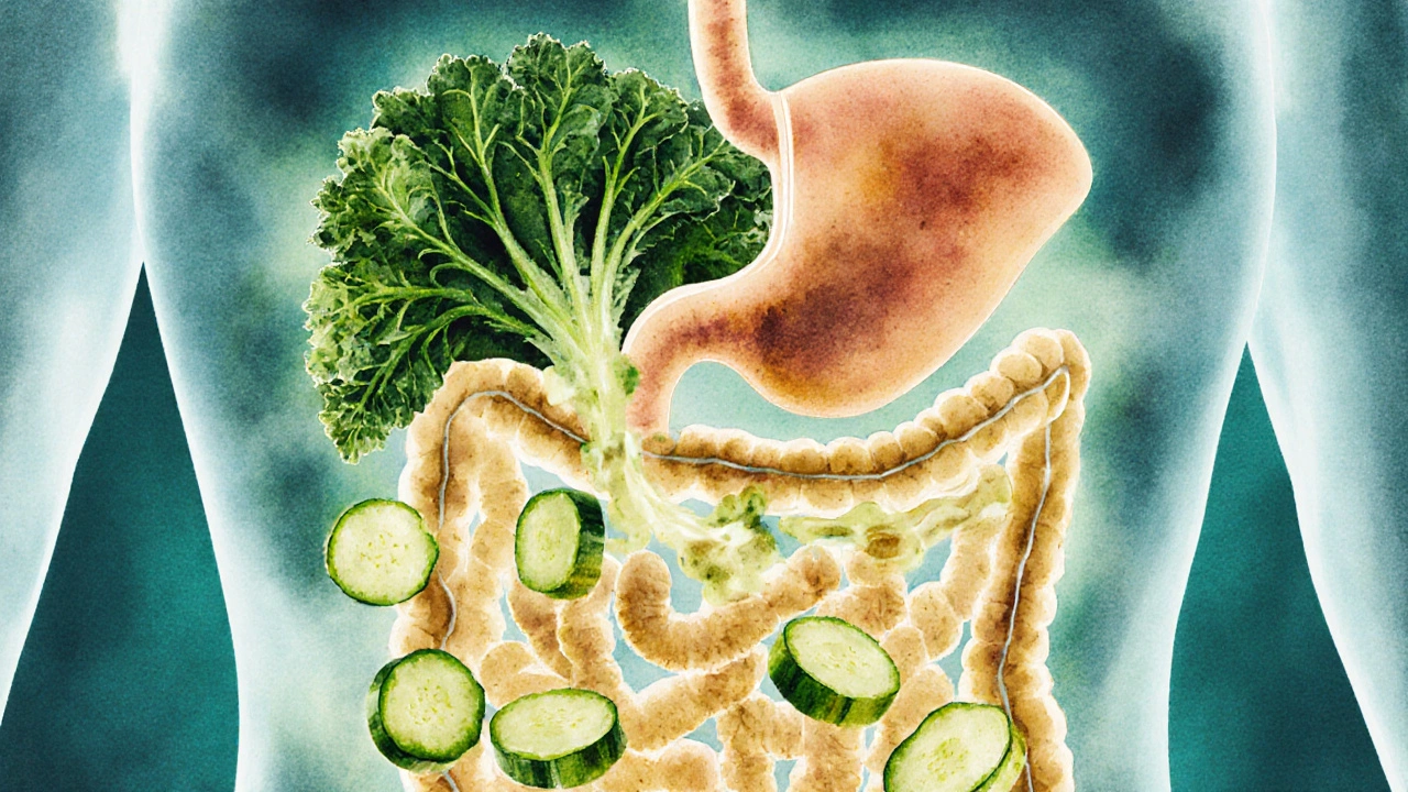 Glowing digestive system illuminated by nutrient flow from green juice.