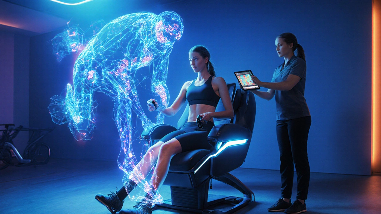 High‑tech sports clinic showing AI screening and percussion device with an athlete.