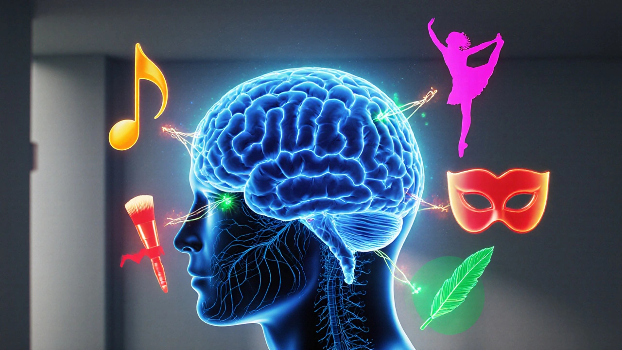 Semi‑transparent brain with glowing lines connecting to art, music, dance, drama and poetry icons.