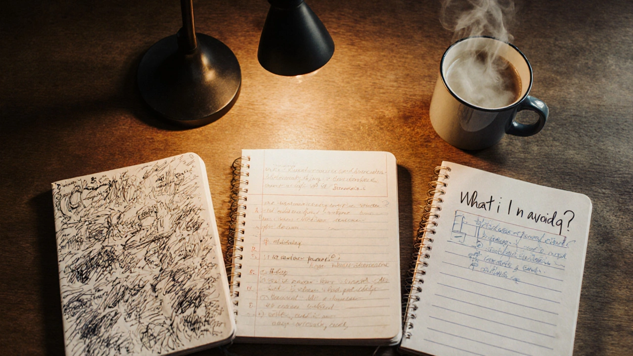 Three open journals on a desk with morning light, showing different journaling styles.