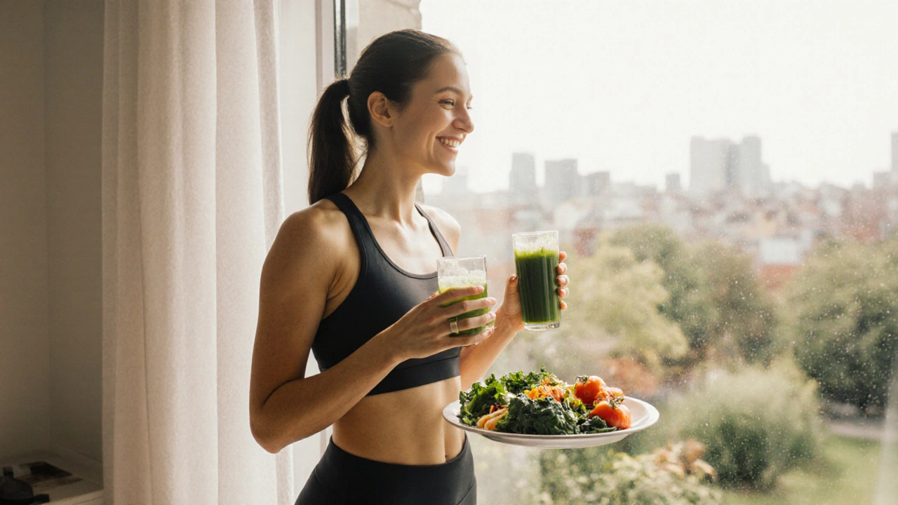 Woman holding juice and vegetables beside a garden window, smiling naturally.