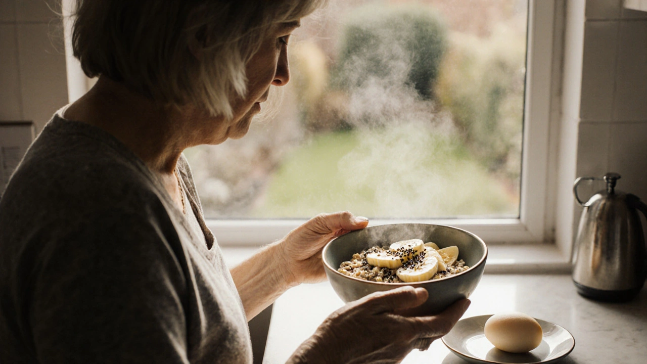 A woman preparing oatmeal with banana and chia seeds in a sunny UK kitchen.
