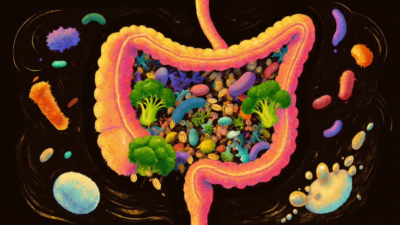 An artistic depiction of a healthy gut ecosystem with beneficial bacteria thriving around whole foods like oats and broccoli.