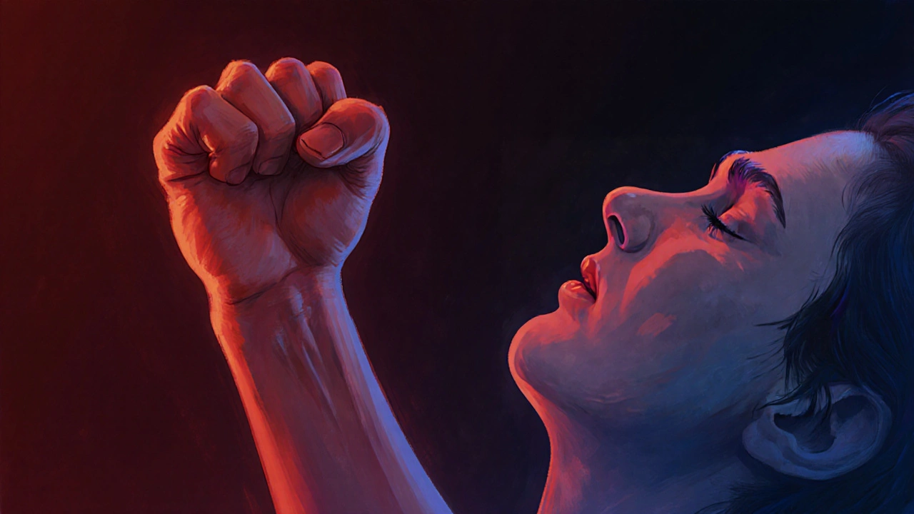 Hands showing tension and release during progressive muscle relaxation, with color gradient.