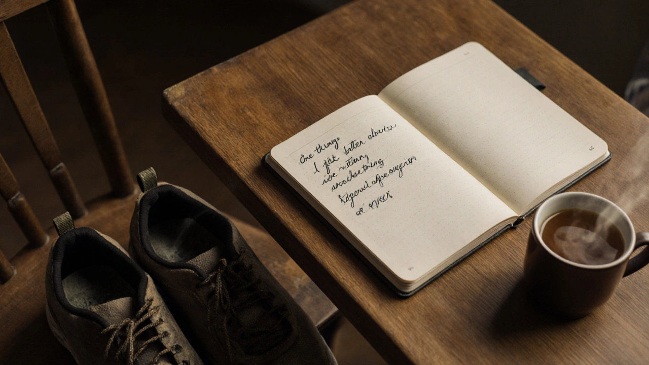 Open journal with handwritten notes and tea beside worn walking shoes