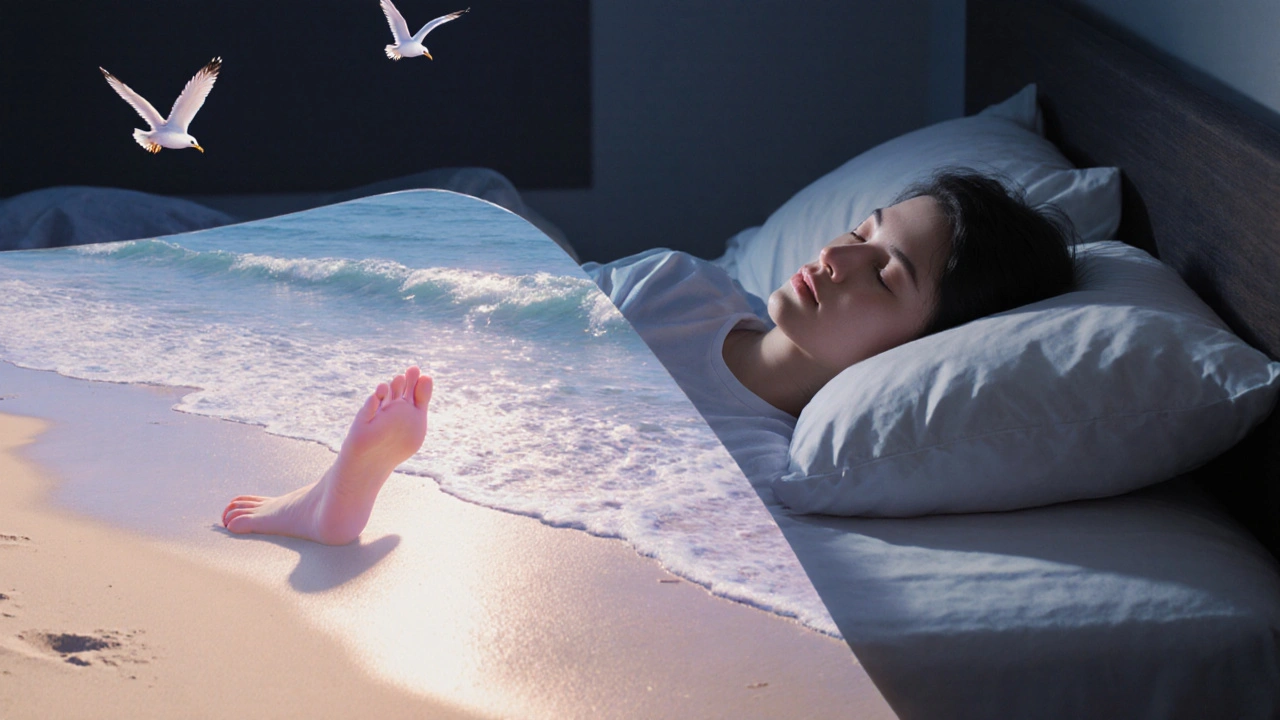 Person lying in bed with peaceful beach imagery floating around them in a dreamy scene.
