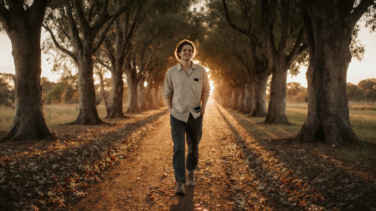 Person walking under shaded trees at sunset in a quiet Australian neighborhood