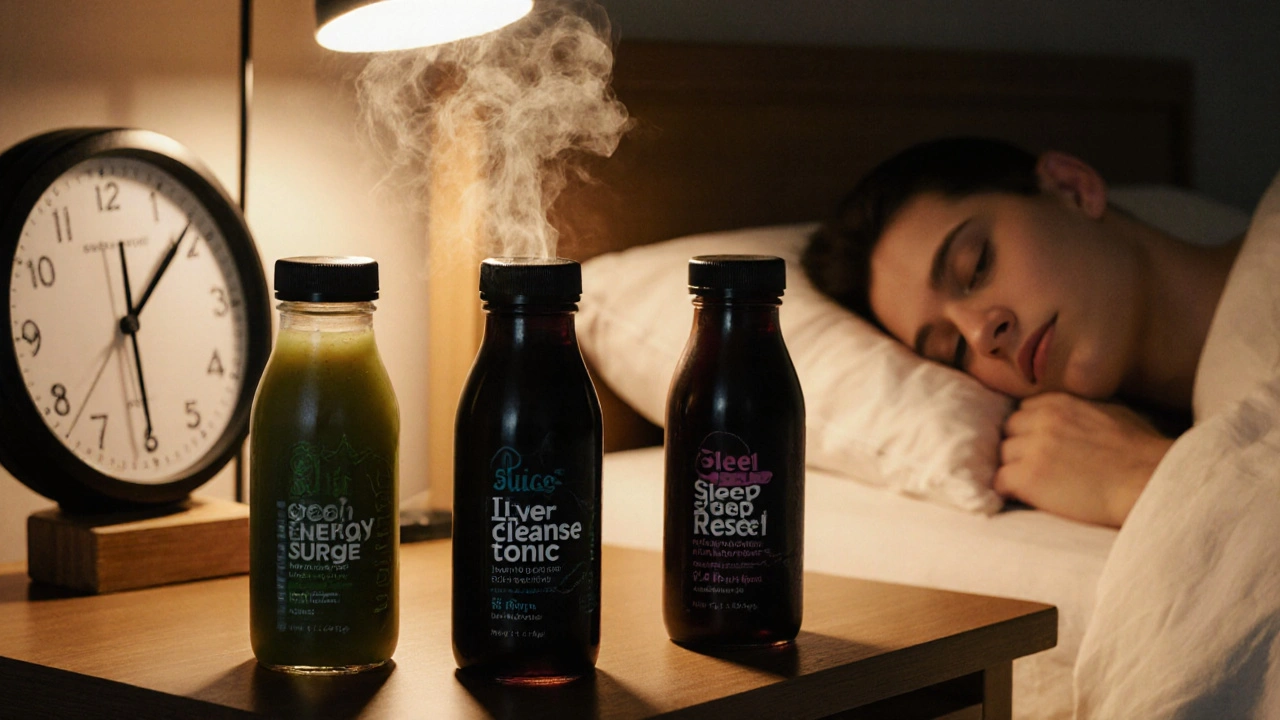 Three dark glass bottles of health juices on a bedside table at dusk, one open with steam, person sleeping peacefully.