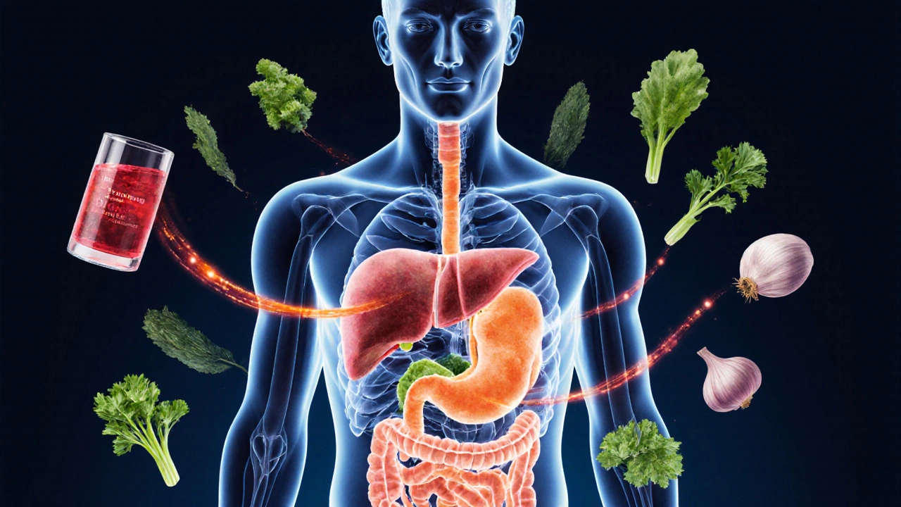 Translucent human body with nutrient streams flowing from a vegetable juice into the liver and digestive system.