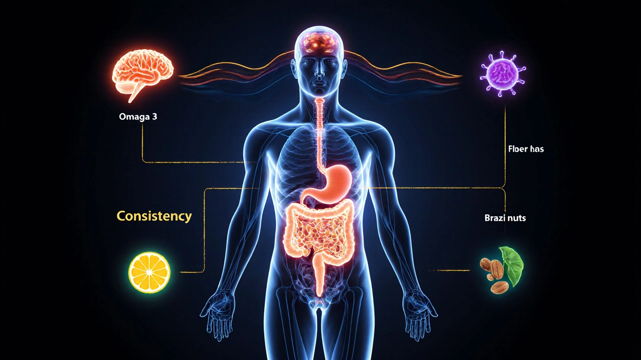 Transparent human body with glowing organs fueled by healthy foods like salmon and oats.