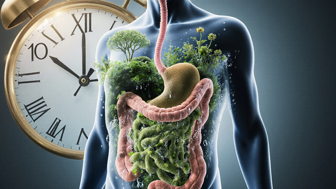 Transparent view of a healthy gut ecosystem with fiber, probiotics, and water flow