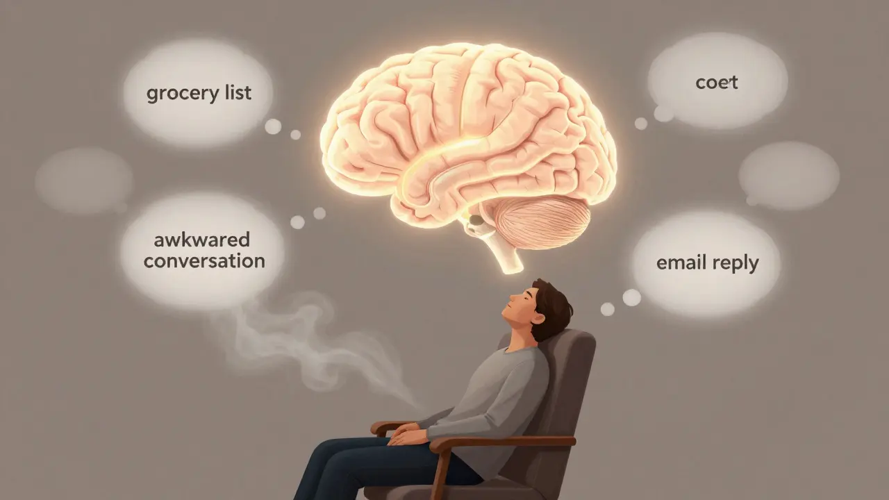 A brain illustration showing stress area shrinking and focus area growing amid fading thought bubbles.