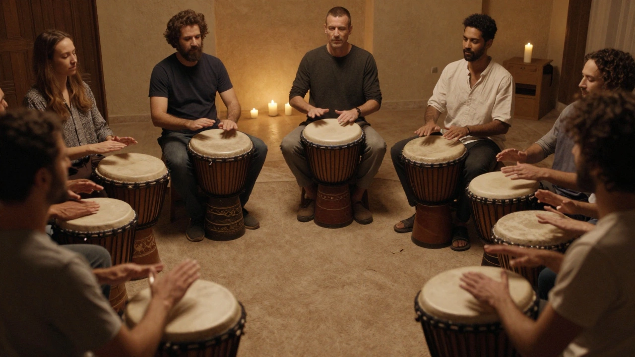 A group of people drumming together in a circle, finding connection through rhythm.