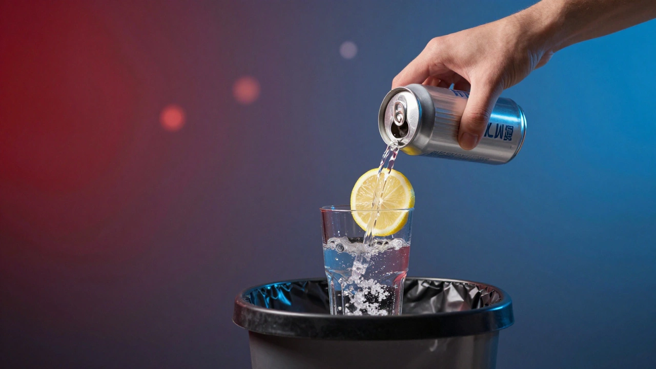 A hand replacing a sugary drink with lemon-infused water, symbolizing a healthy choice.