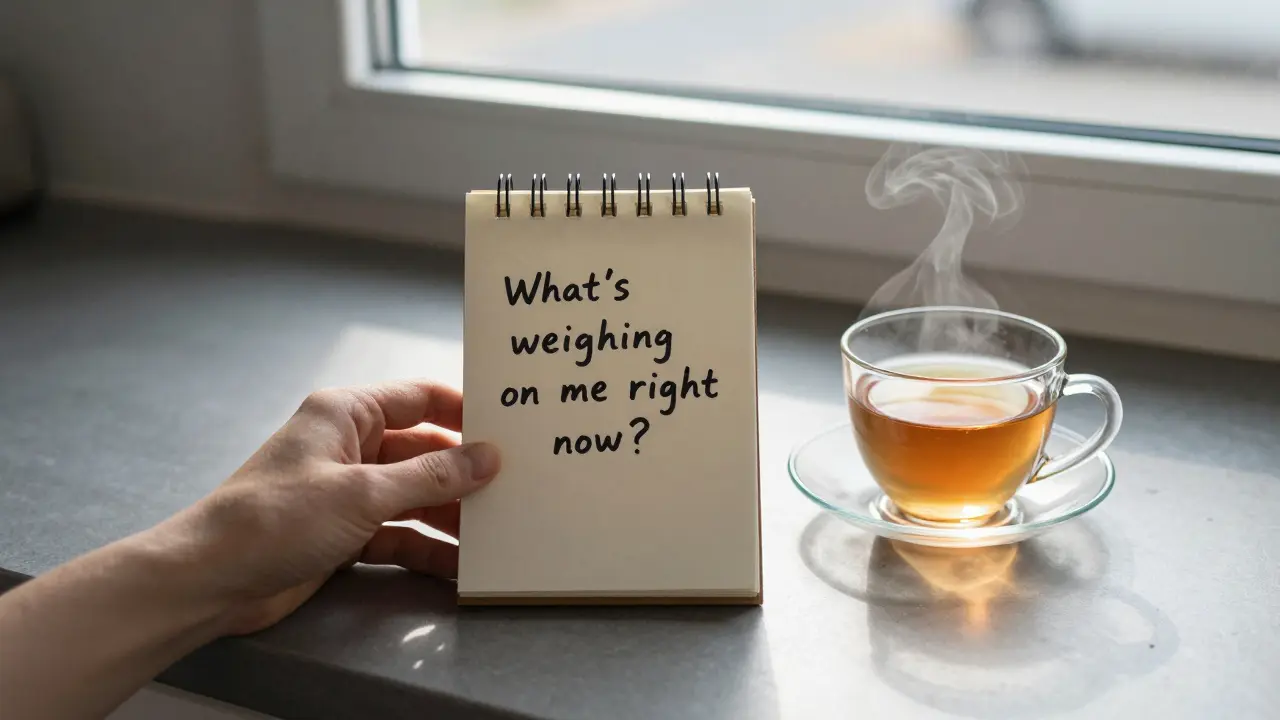 A hand writing a single stress-releasing sentence on a notepad beside a cup of tea on a kitchen counter.