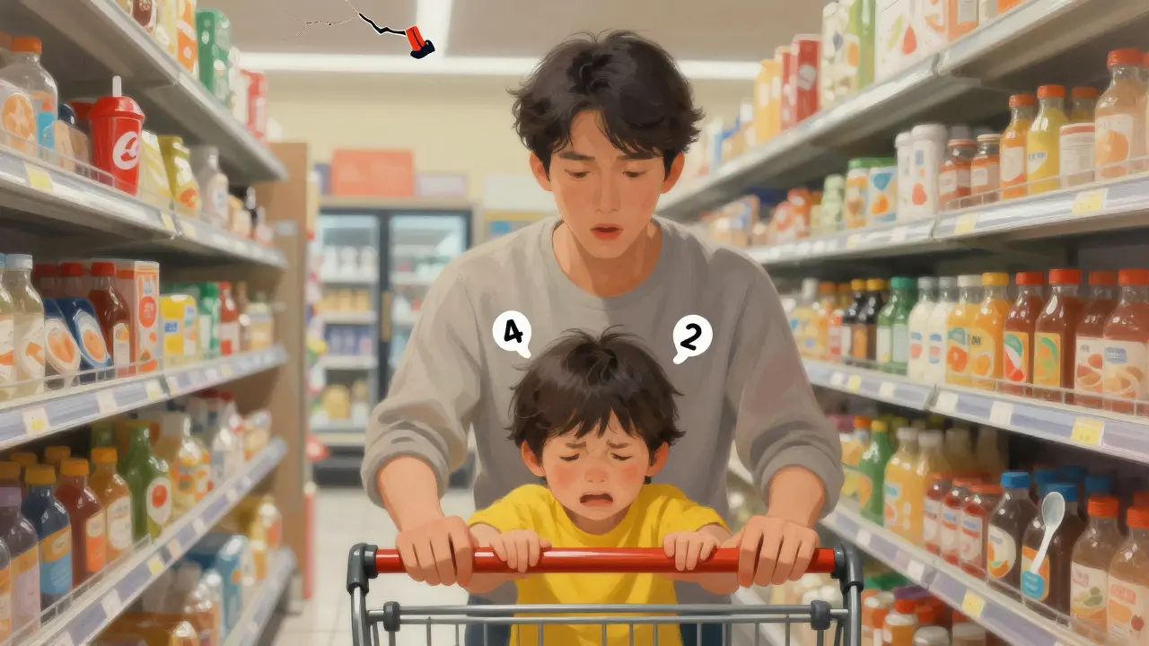 A parent grounds themselves in a grocery store aisle while their child has a tantrum.