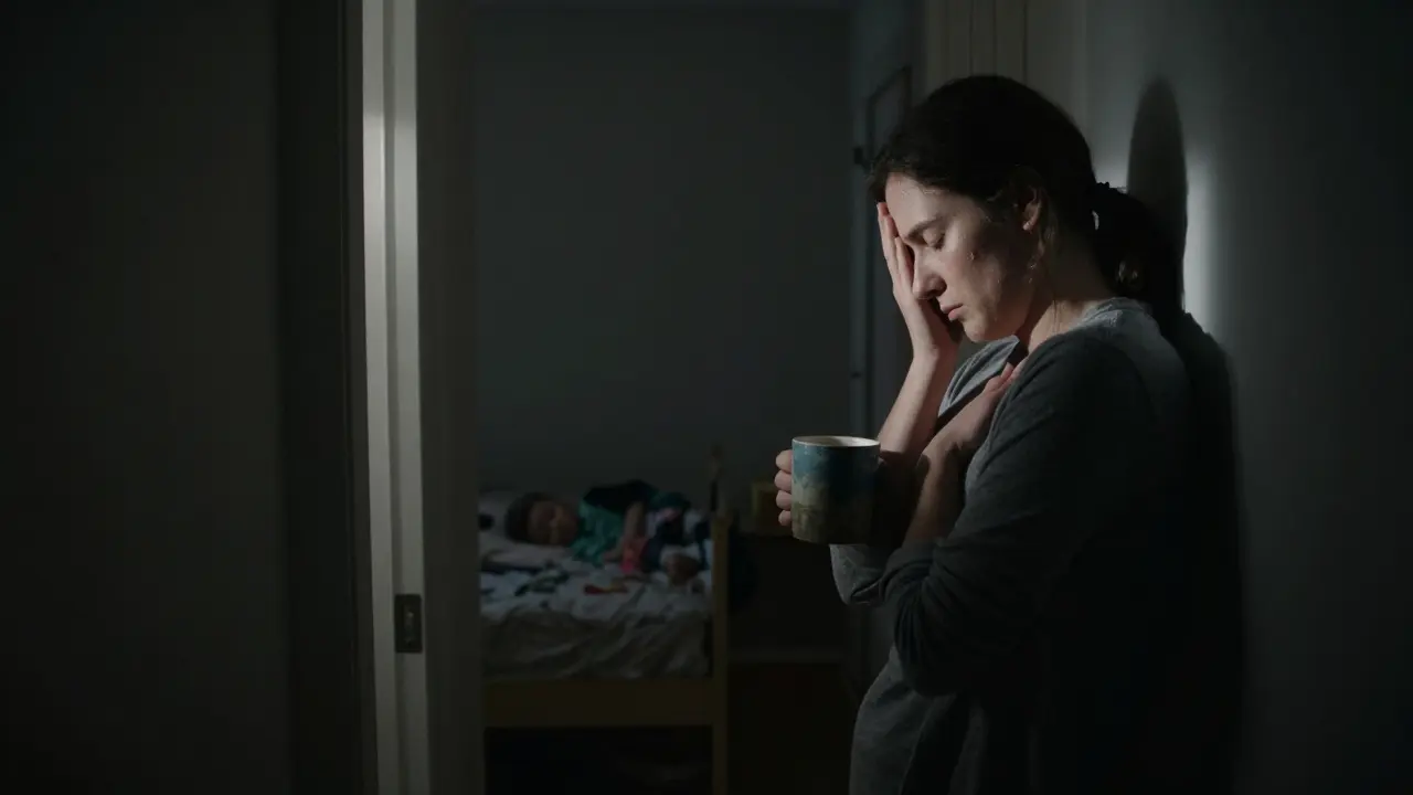 A parent hugs themself in a quiet hallway under moonlight, finding calm after a long day.