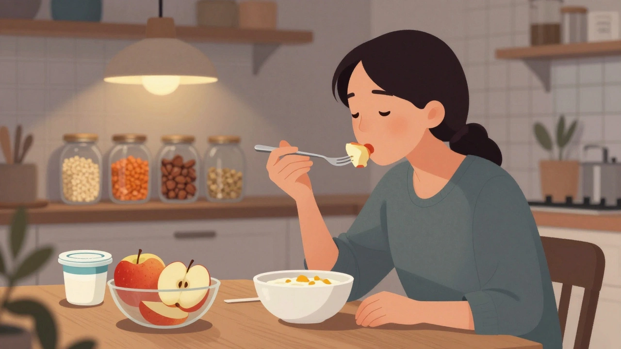 A person eating slowly at a kitchen table with healthy snacks nearby, focused and calm.