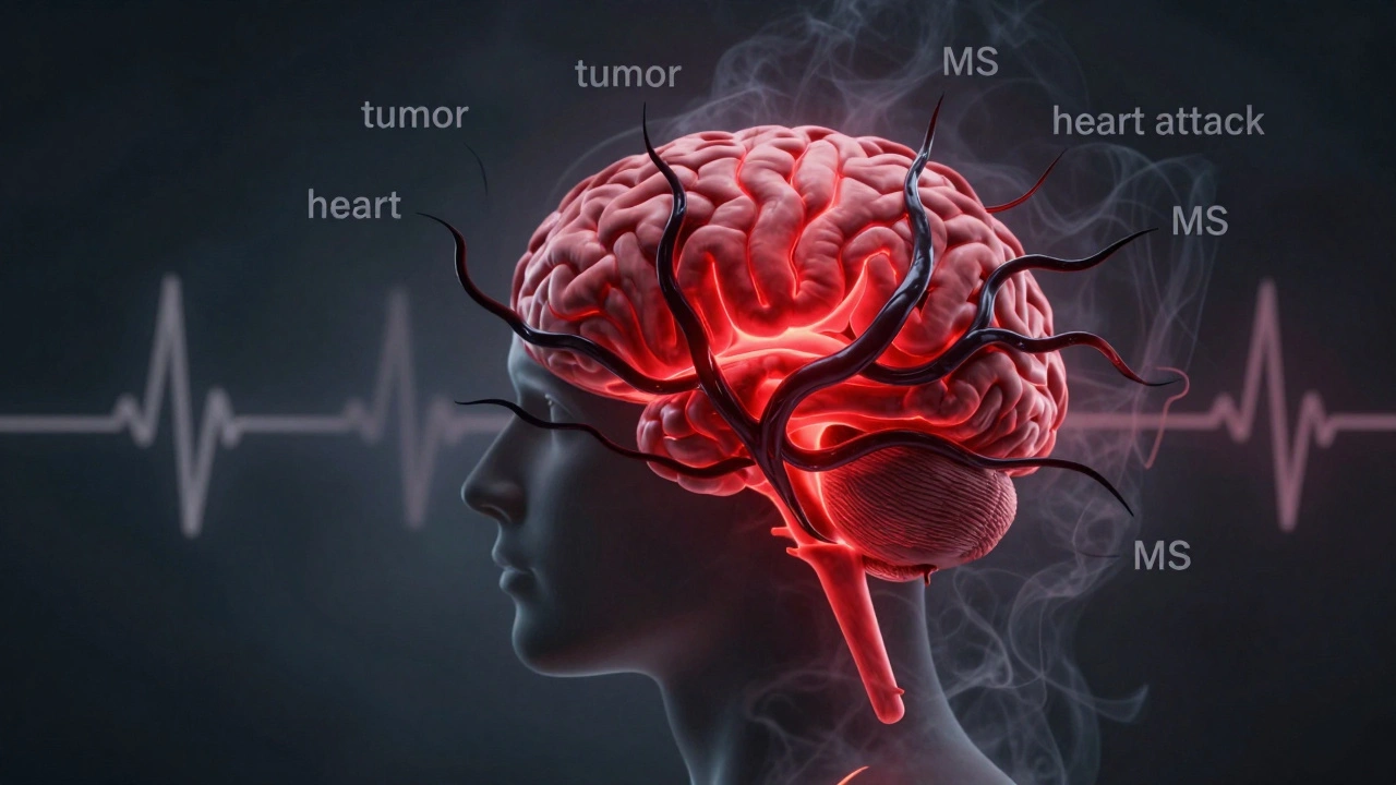 Abstract brain with red amygdala and swirling medical fear symbols.