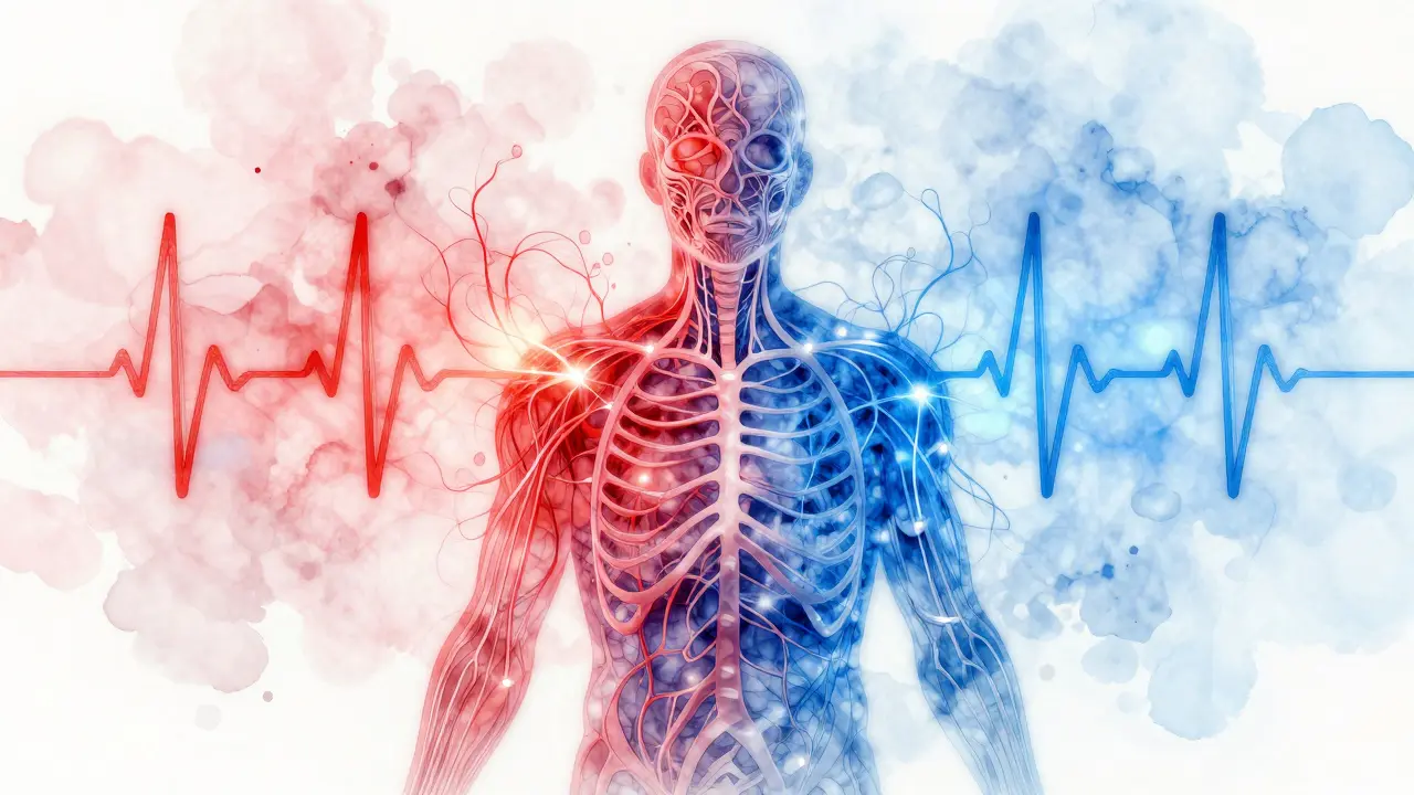 Abstract human silhouette with neural and heartbeat patterns shifting from chaotic red to calm blue.