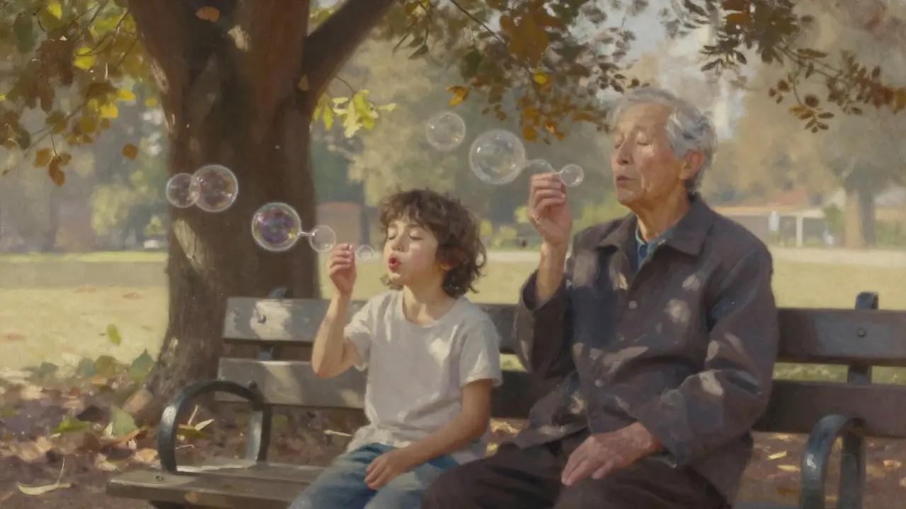 An elderly person and child sitting together on a park bench, breathing calmly as bubbles float in the air under a tree.