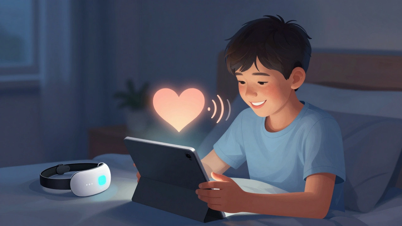 Child using a calming app with a glowing heart animation synced to their breathing, wearing a neurofeedback headband.