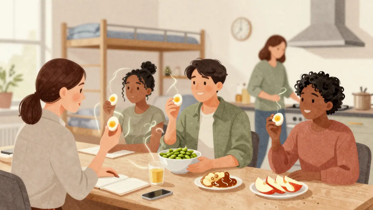 Diverse people enjoying simple healthy snacks like hard-boiled eggs and apple slices in daily settings.