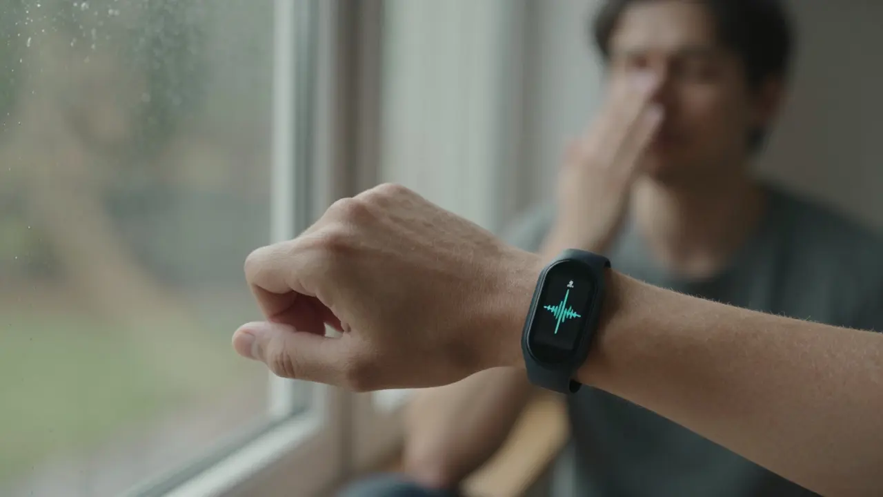 Hand holding a wearable device showing a slowing pulse pattern during mindful breathing.