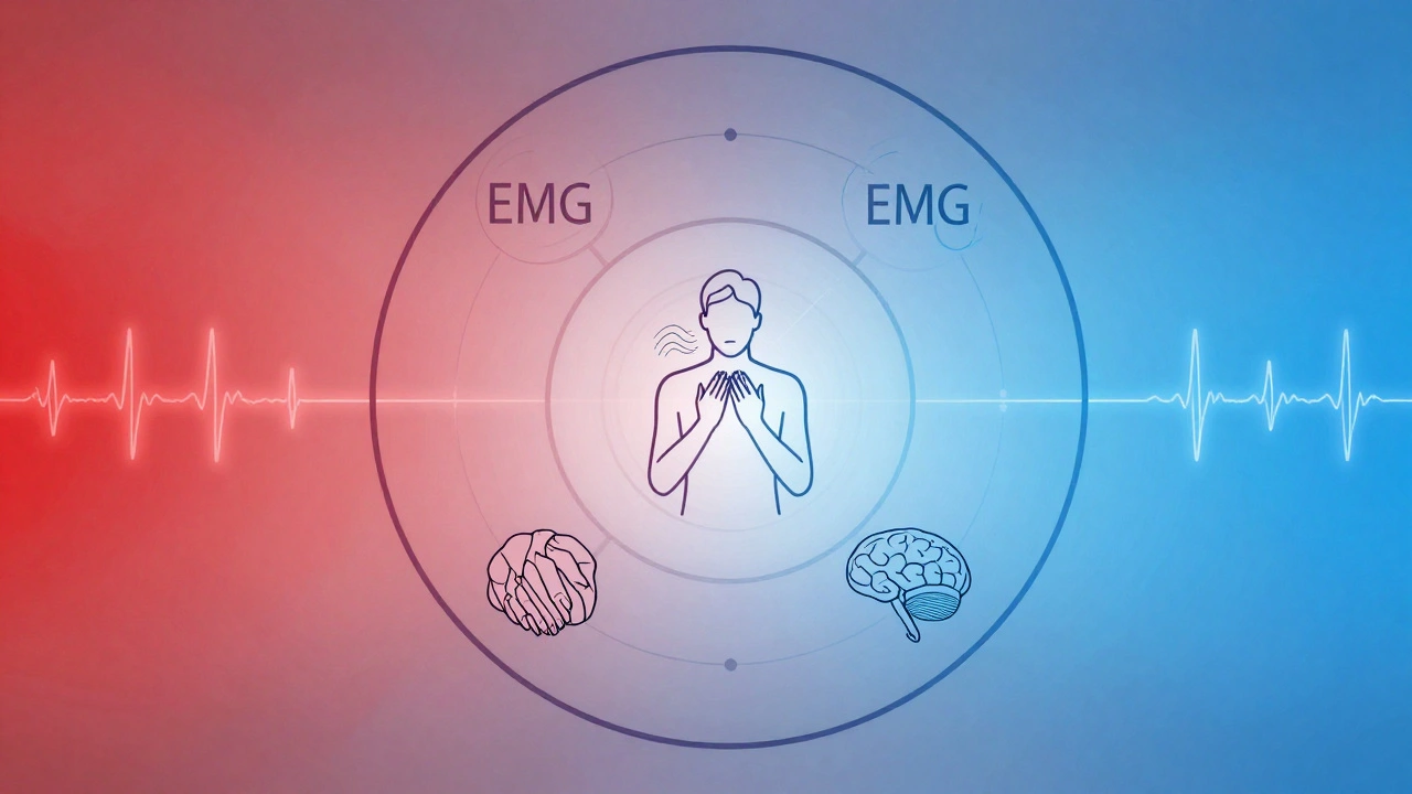 Minimalist diagram showing four biofeedback types connected to a calm person in a transition from stress to balance.