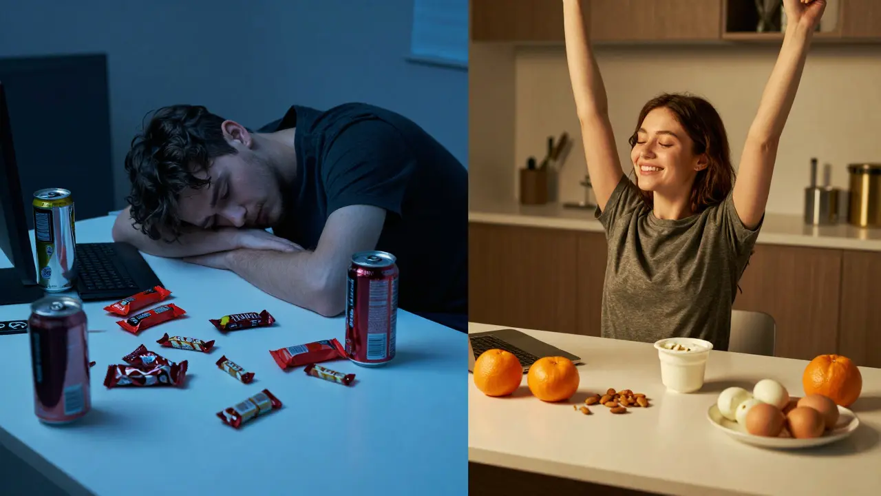 Split-screen: messy junk snacks on left, wholesome foods on right, showing energy contrast.