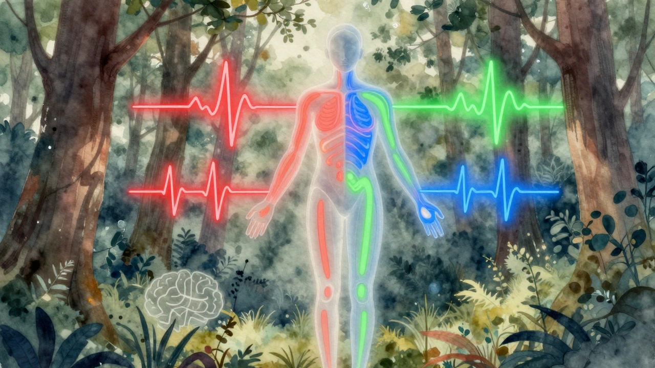 Watercolor illustration of a human body with glowing biofeedback systems representing heart, skin, muscles, and brain activity.