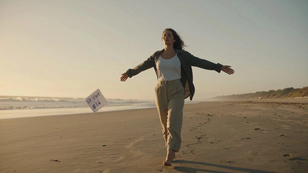 Woman walking peacefully on a beach as a medical note blows away in the wind.