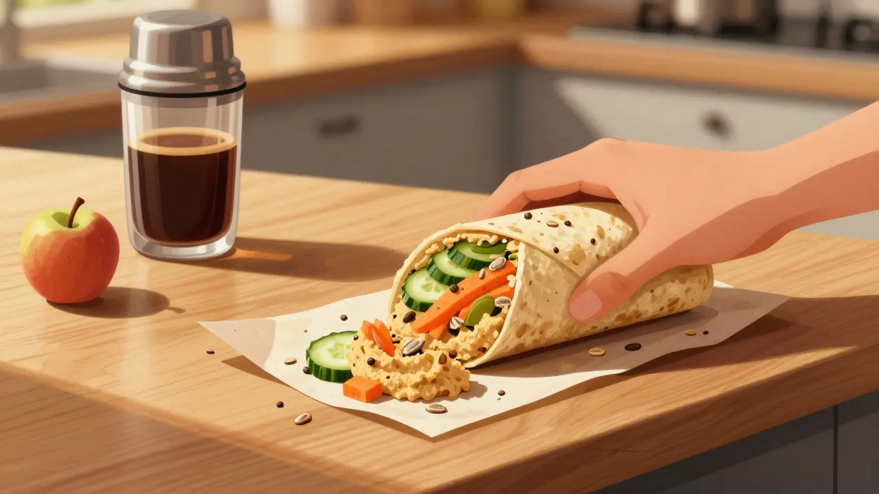 A healthy veggie wrap being wrapped in parchment paper with fresh vegetables and coffee beside it.