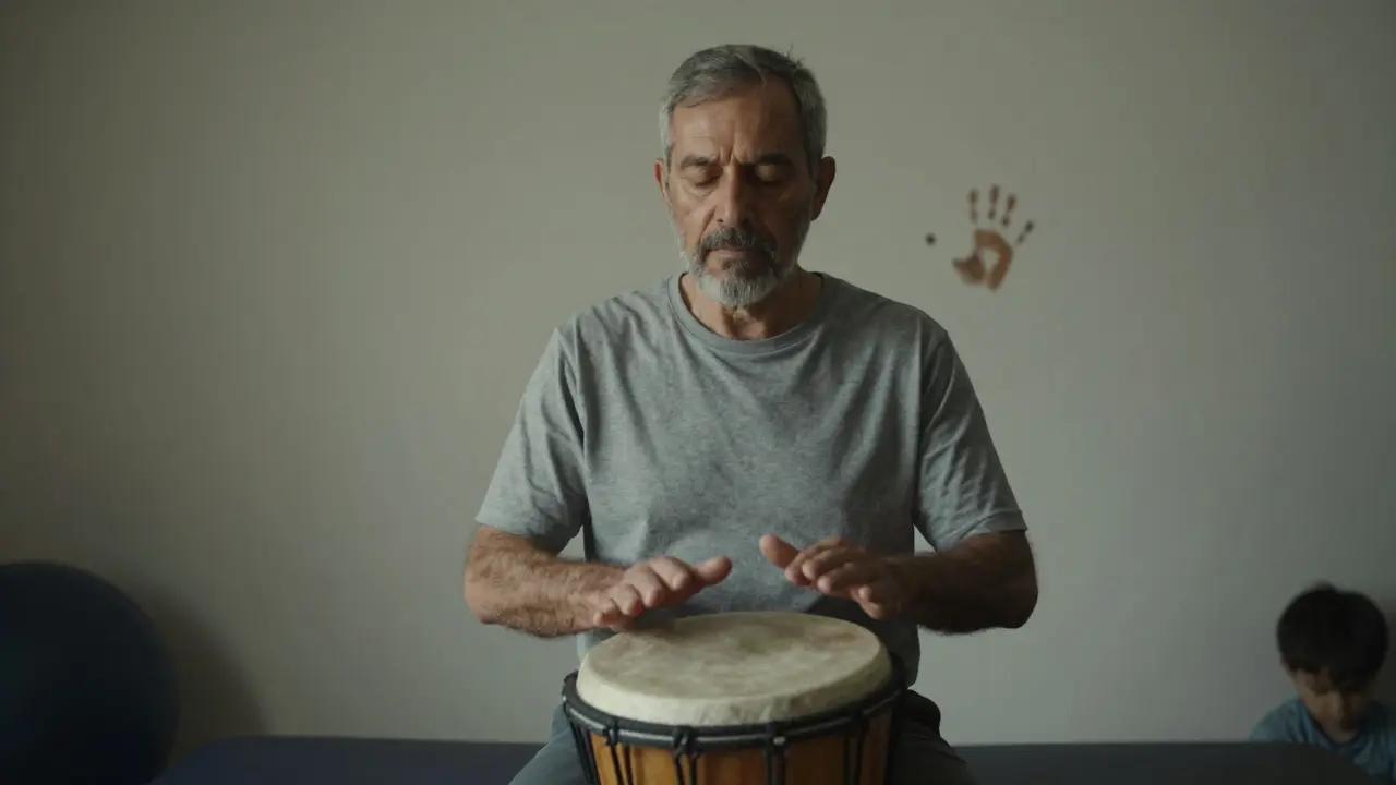 A man drumming in therapy, eyes closed, with a child’s handprint visible on the wall behind.