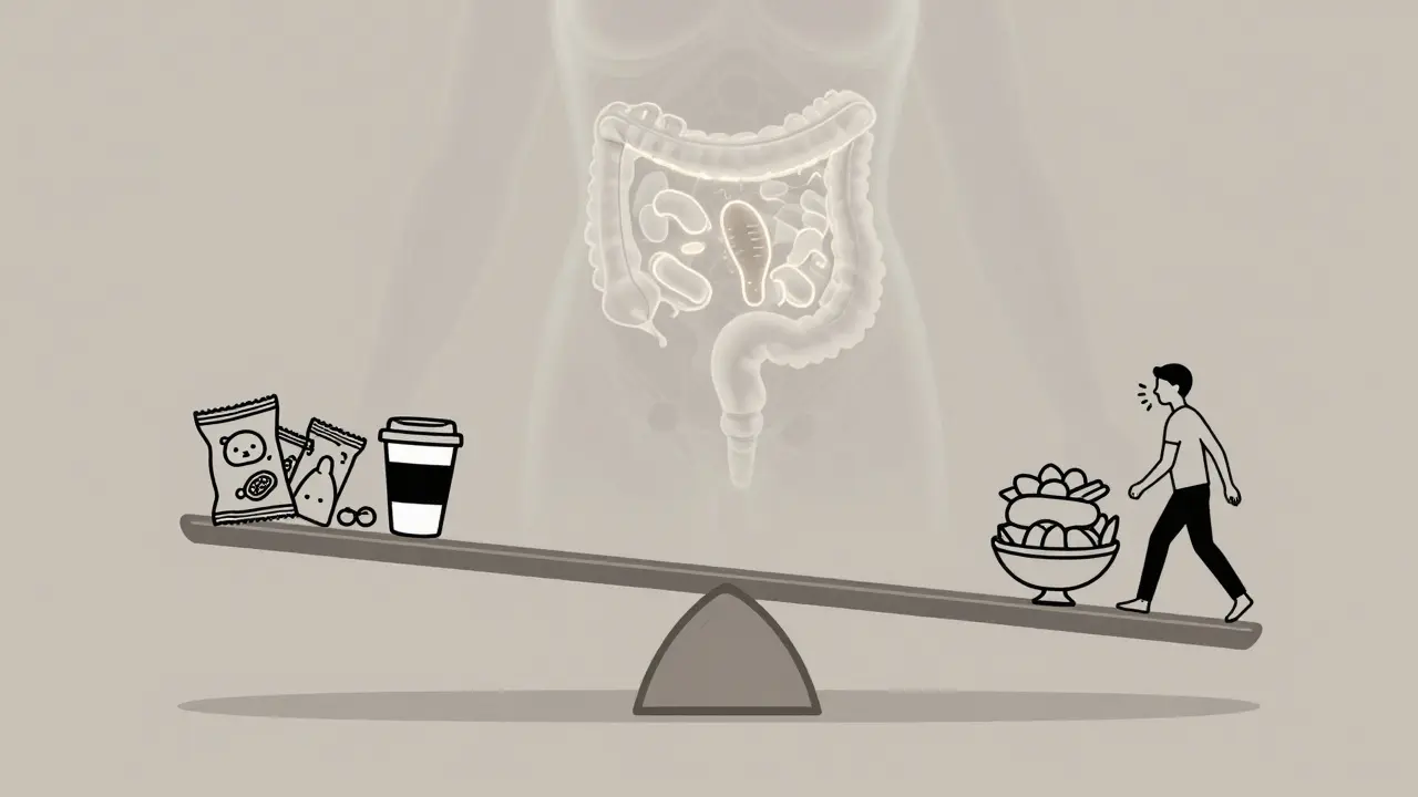A minimalist balance scale contrasting processed foods with whole foods, walking, and breathing for gut health.