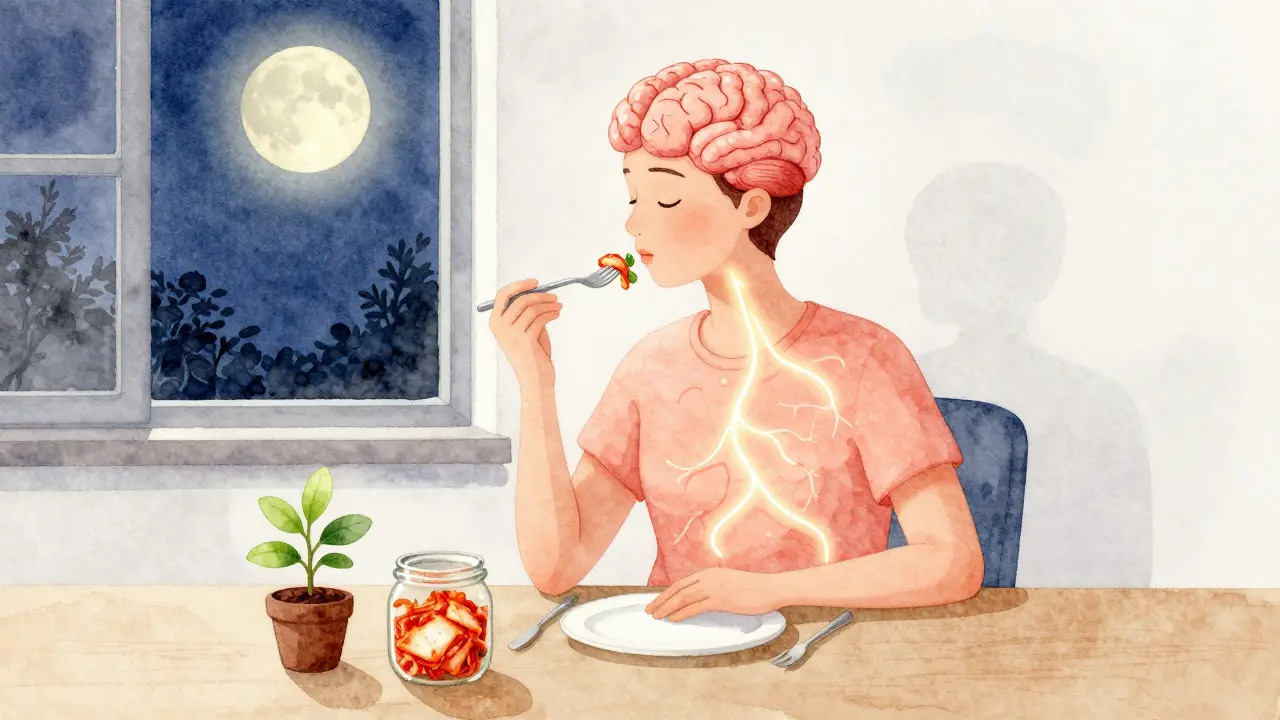 A person eating slowly at a table with fermented foods and a brain-gut connection symbol, in soft watercolor style.