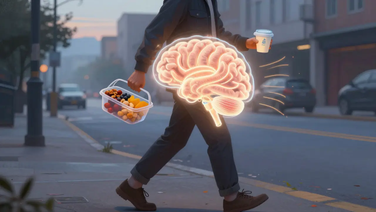 A person walks to work holding a balanced breakfast as glowing energy waves surround them.