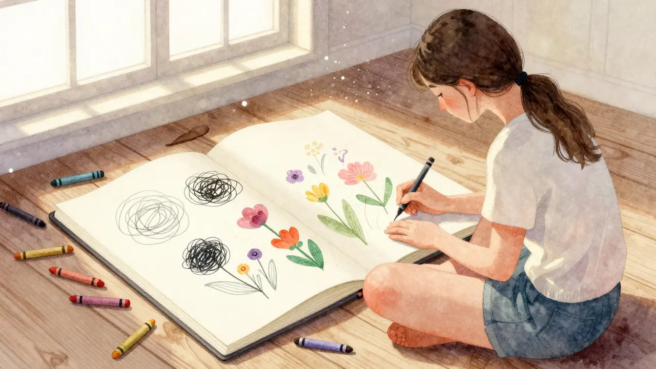 A woman drawing in a journal as abstract marks turn into colorful flowers in sunlight.