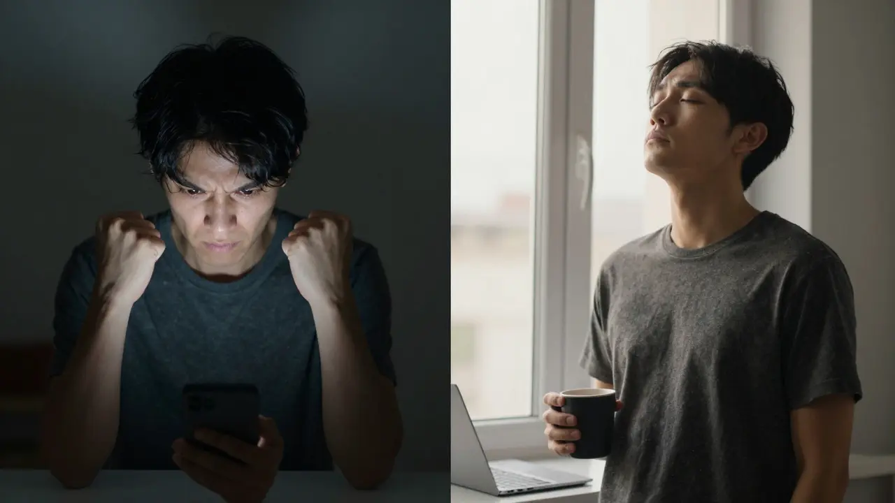 Contrasting images of stress and calm in the same person, one angry at a phone, one peaceful by a window.