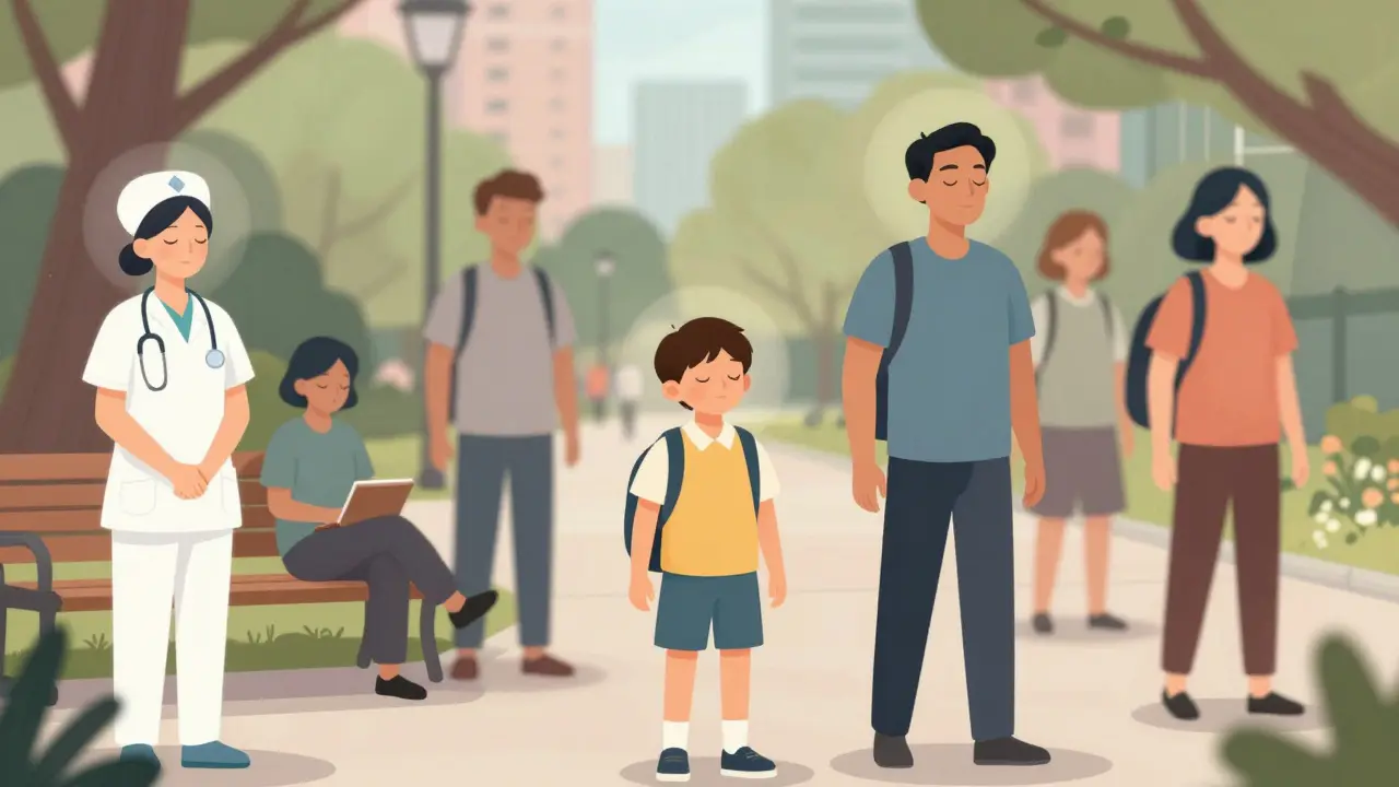 Diverse individuals paused in daily life, practicing calmness with gentle light surrounding them.