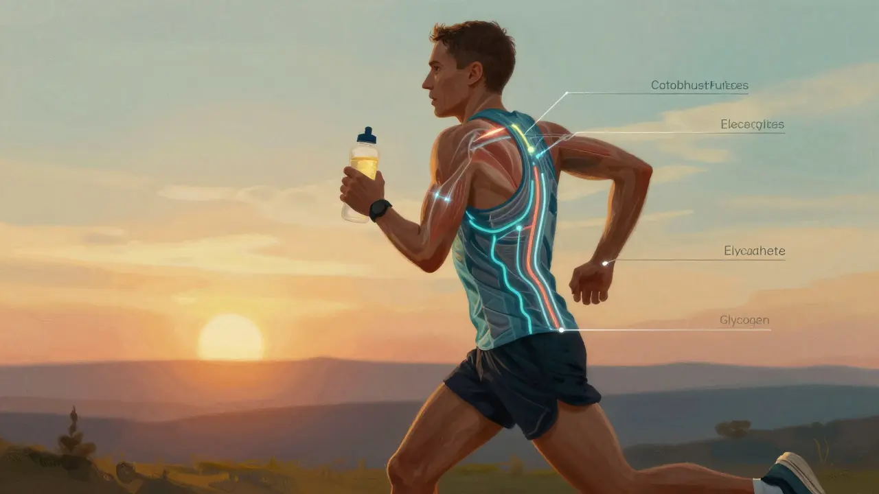 Endurance runner at sunset with transparent energy pathways showing carbs and electrolytes fueling their body.