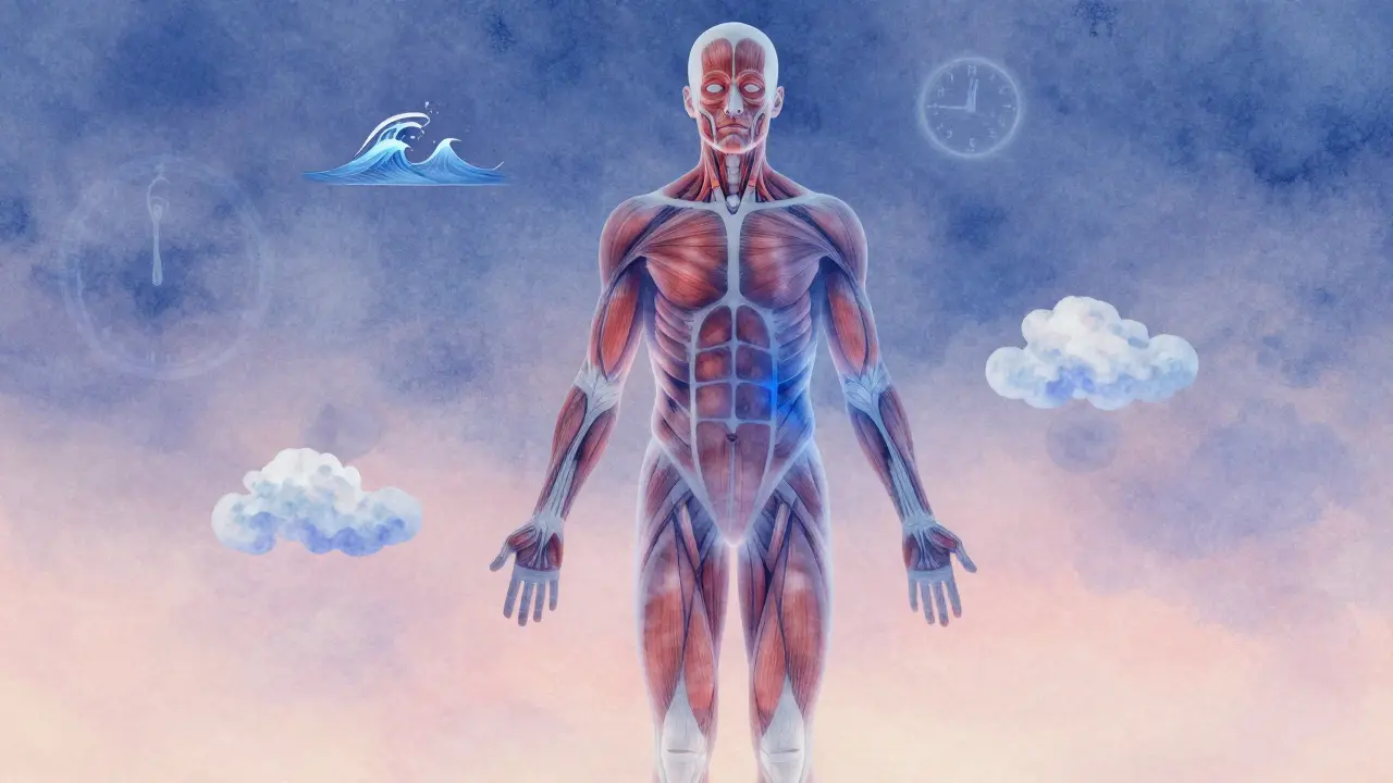 Human silhouette with tension releasing as waves of calm color from toes to head.