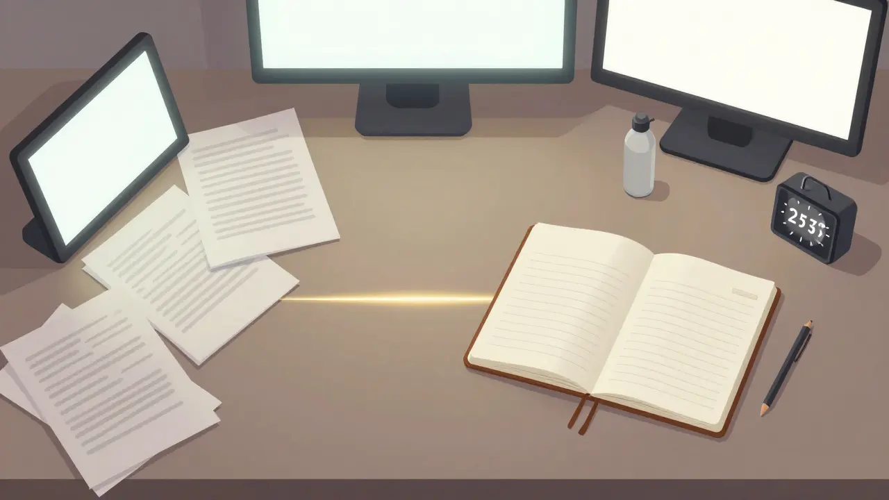 Overhead view of organized desk with timer and water bottle beside clutter