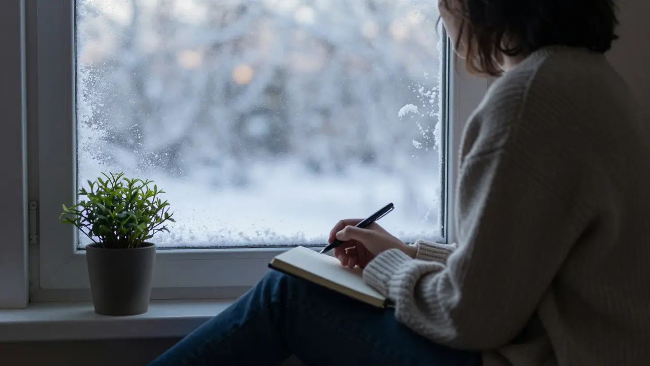 Person gazing out a frosty winter window with journal on lap, soft natural light.
